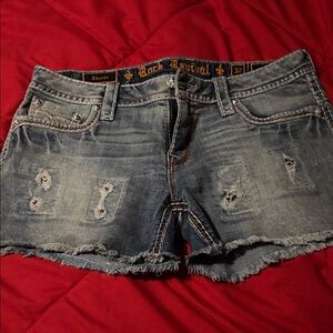 Rock Revival Frayed Hem Jean Shorts - Light Blue